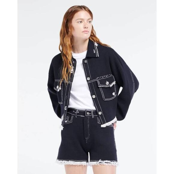 Barrie Chanel Denim Fringed Cashmere And Cotton Shorts M - Picture 1 of 4